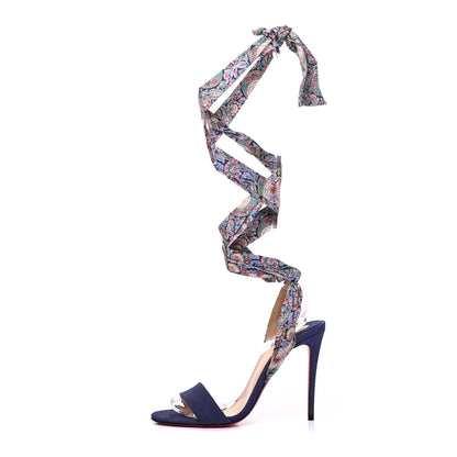 Christian Louboutin Denim Satin Paisley Du Desert 100 Sandals 38.5 Blue 1 of 13
