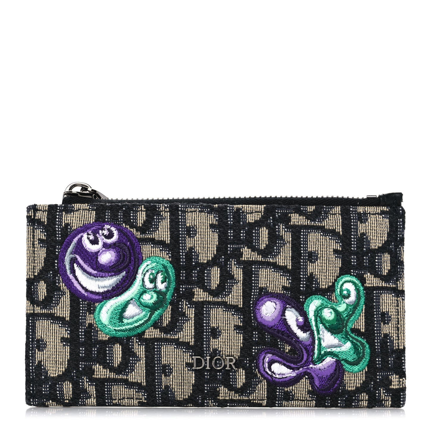 X KENNY SCHARF Oblique Canvas Embroidered Zip Card Holder Charcoal