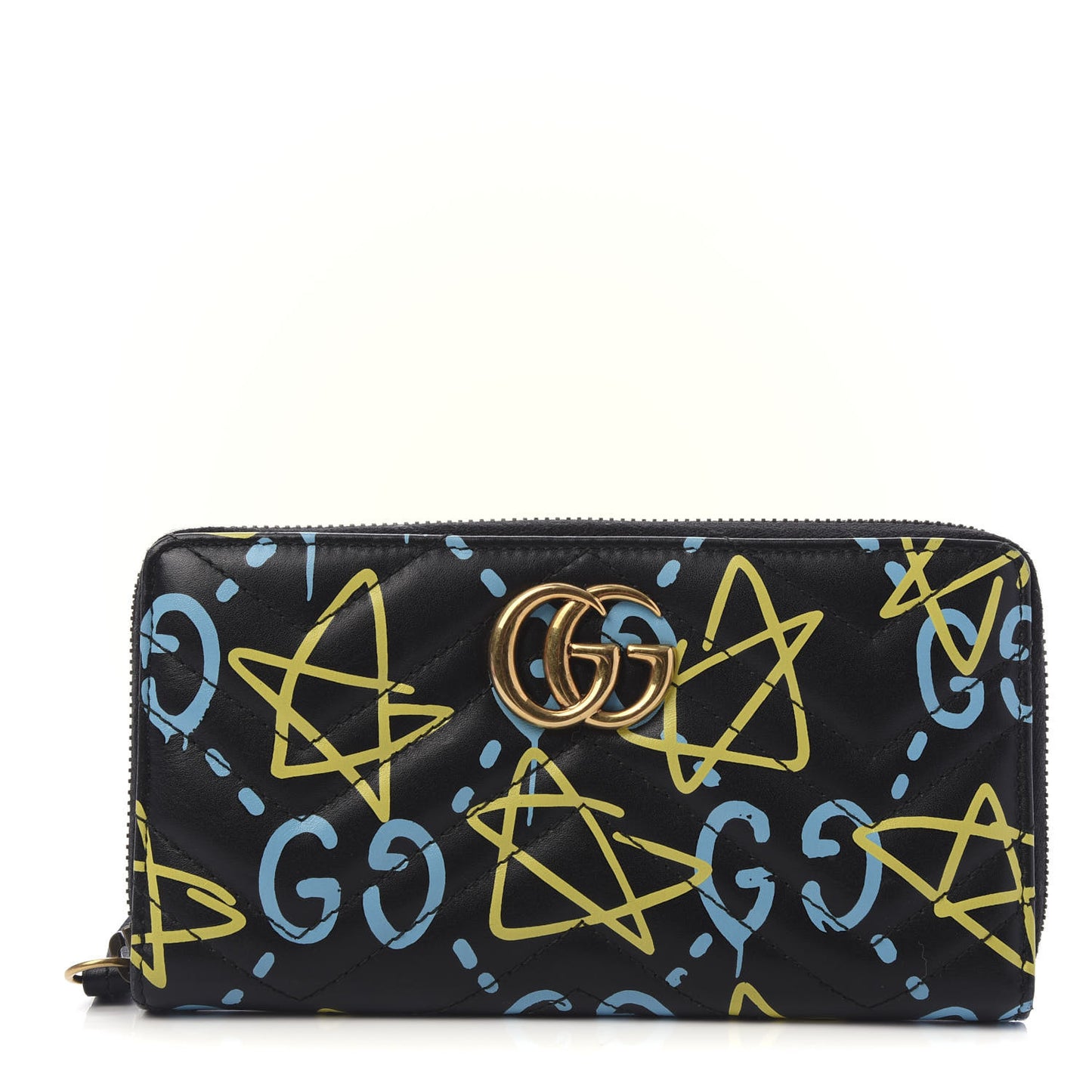 Calfskin Matelasse GucciGhost GG Marmont Zip Around Wallet Black New Acquamarine