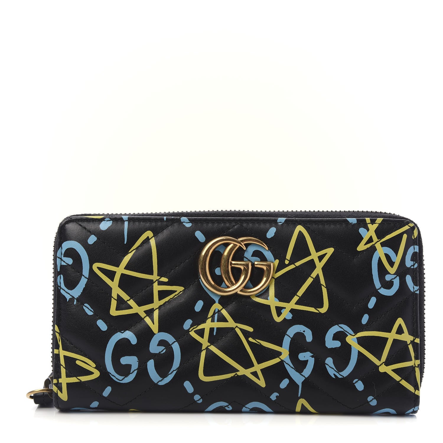 Gucci Calfskin Matelasse GucciGhost GG Marmont Zip Around Wallet Black New Acquamarine 1 of 10