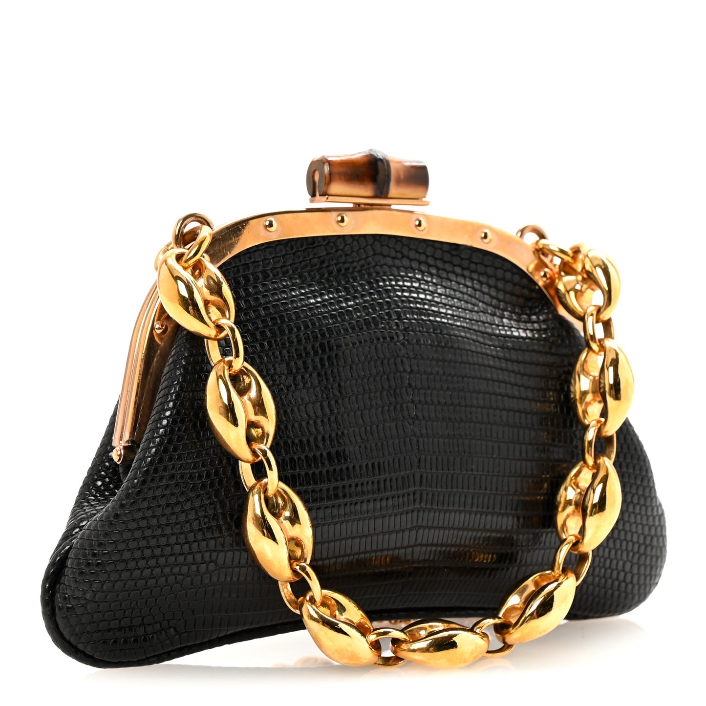 Lizard Bamboo Jeweled Clutch Black