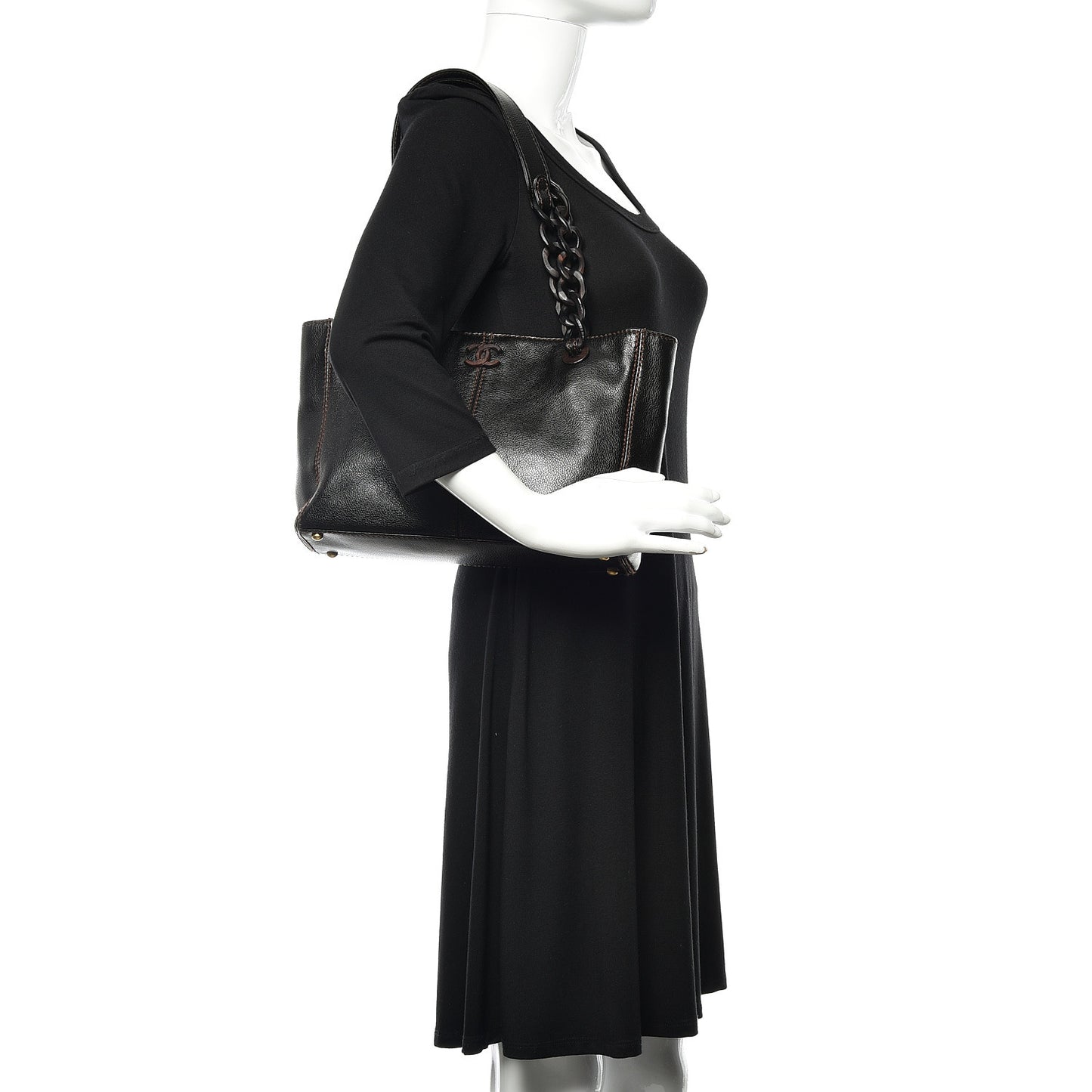 Calfskin Wood Chain Tote Black