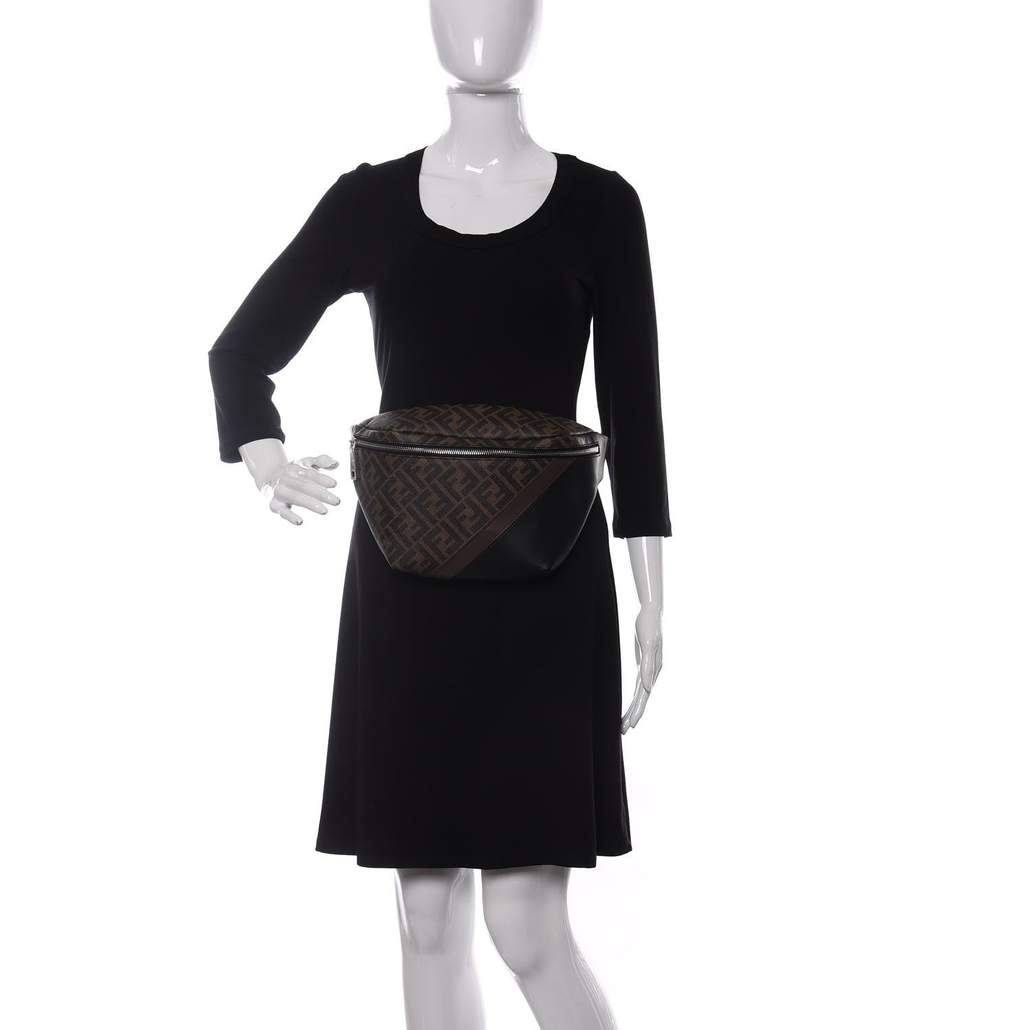 Fendi Glazed Fabric Vitello Liberty FF 1974 Diagonal Belt Bag Tobacco Moresco Black 2 of 12