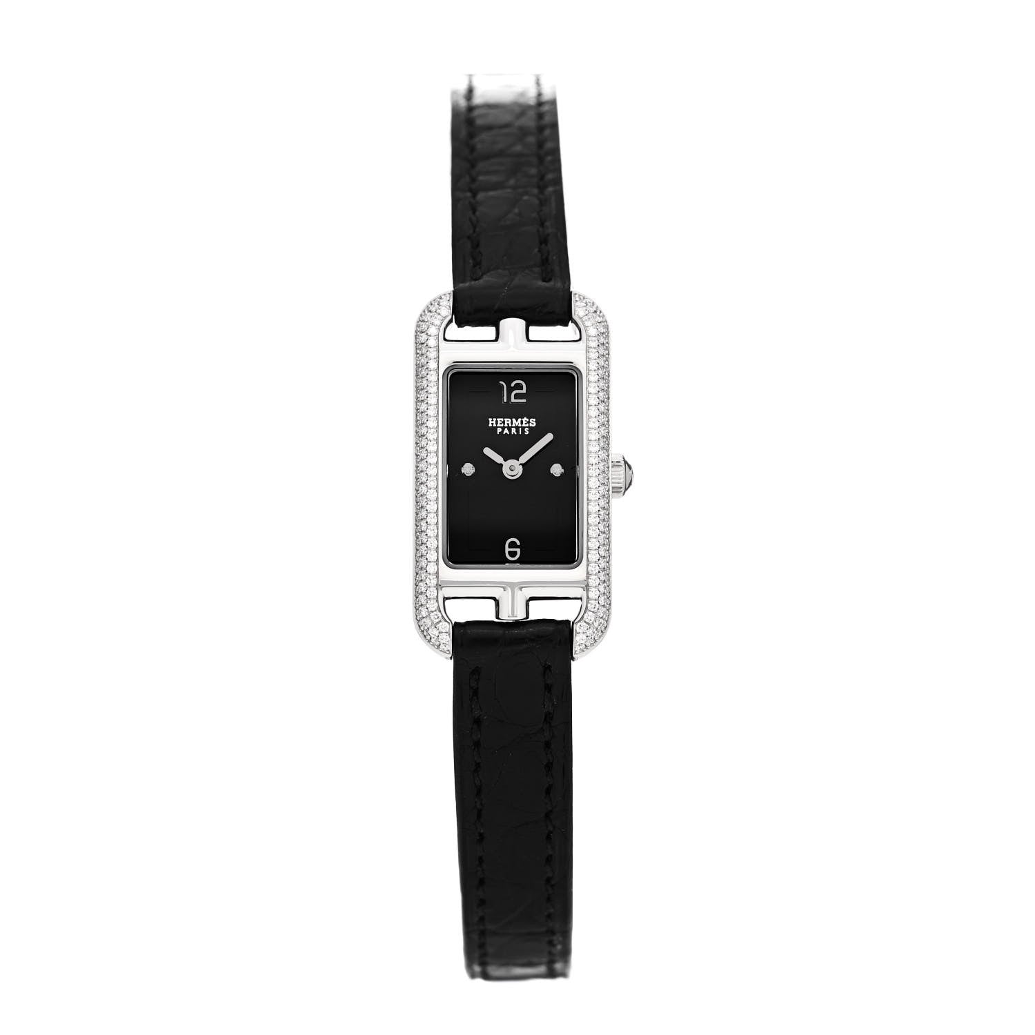 Hermes Stainless Steel Alligator Diamond 17mm Nantucket Serti Joaillier Quartz Watch Noir 1 of 5