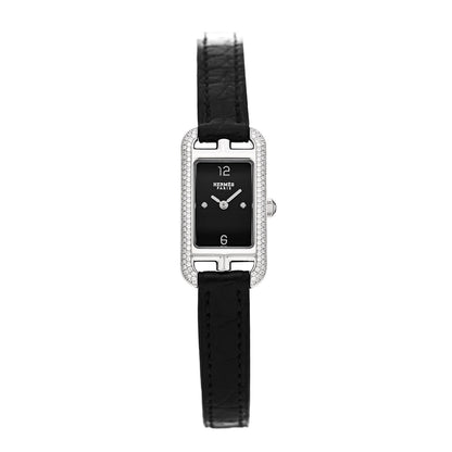 Hermes Stainless Steel Alligator Diamond 17mm Nantucket Serti Joaillier Quartz Watch Noir 1 of 5