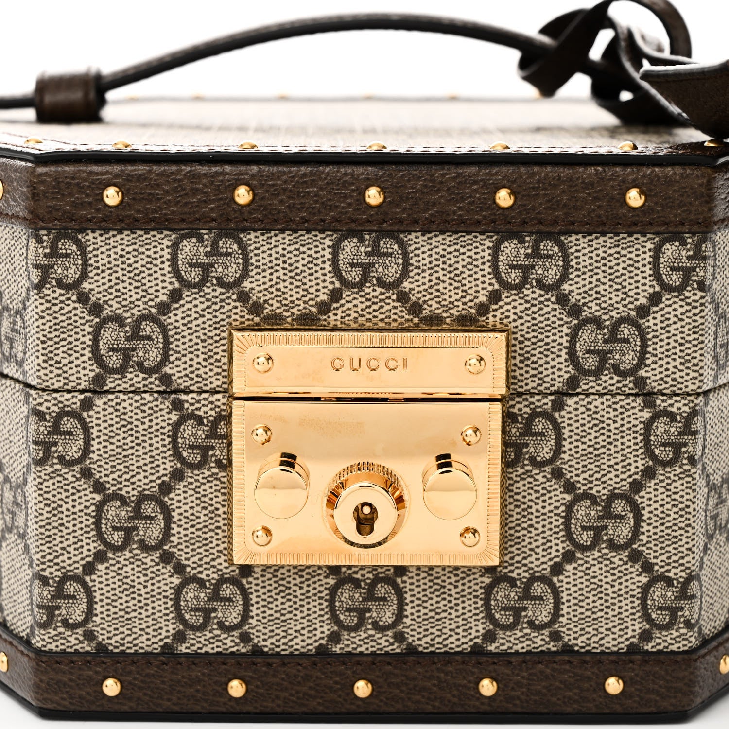 Gucci GG Supreme Monogram Textured Dollar Calfskin Studded Padlock Hexagon Top Handle Case Beige Ebony New Acero 8 of 10