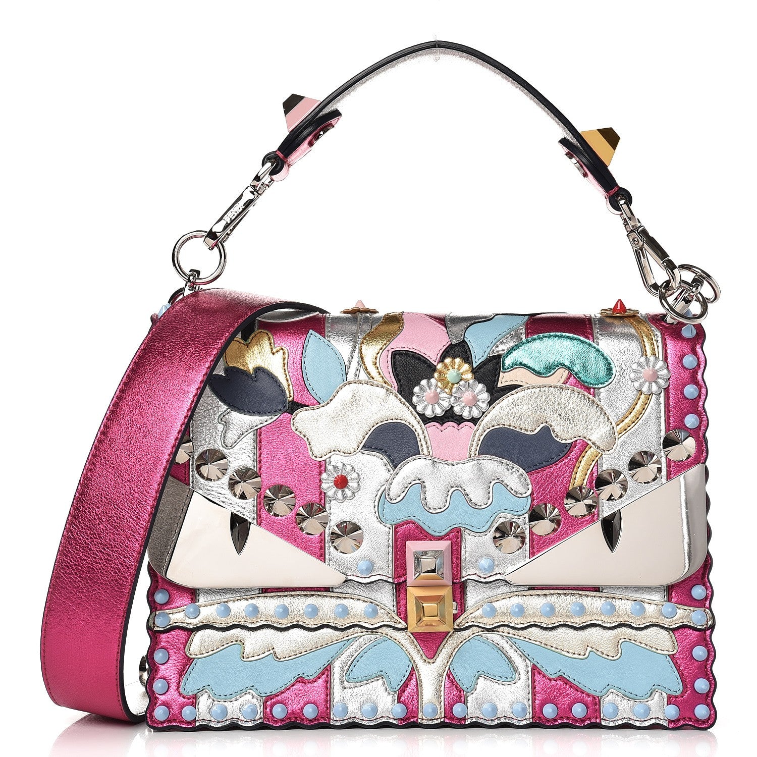 Fendi Metallic Calfskin Wonder Monster Kan I Shoulder Bag Pink Silver 1 of 7