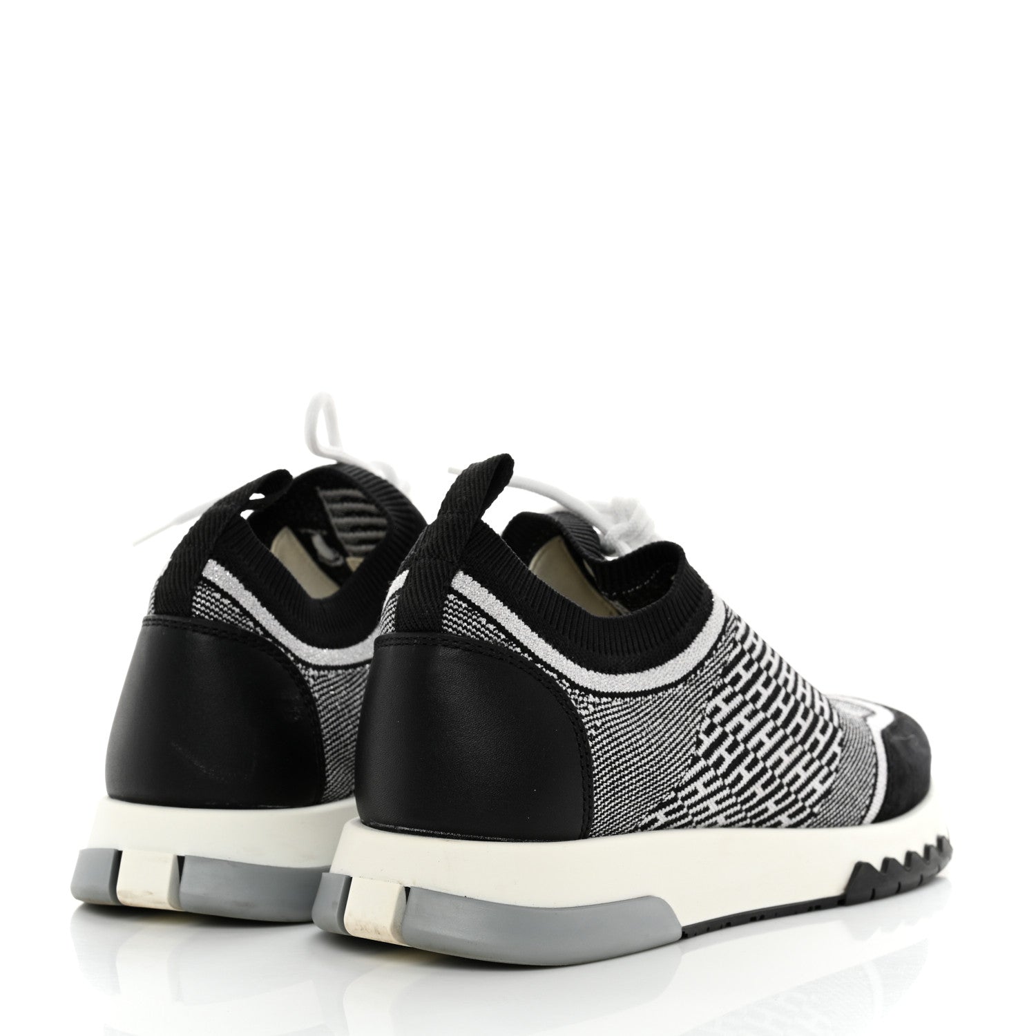Hermes Knit Calfskin Suede Goatskin Bi-Color Womens Addict Sneakers 37.5 Black White 4 of 7
