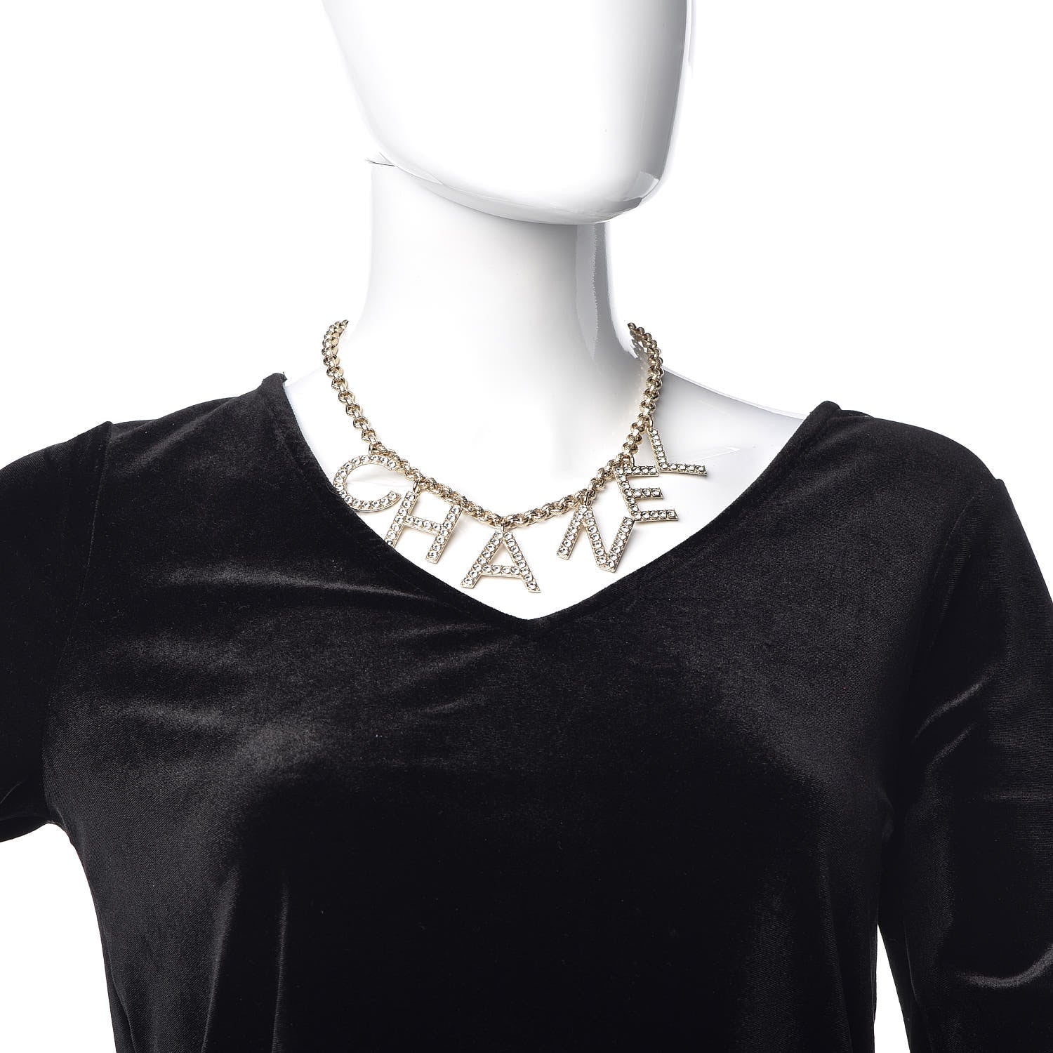Chanel Metal Crystal Cha-Nel Logo Necklace Gold 2 of 5