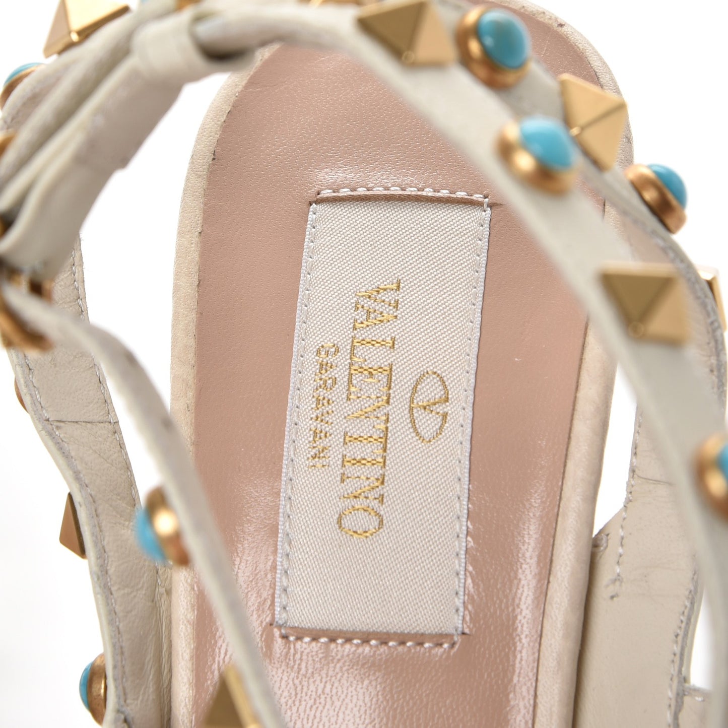 Pebbled Calfskin Turquoise Rockstud Rolling Ankle Strap 100mm Pumps 36 Ivory