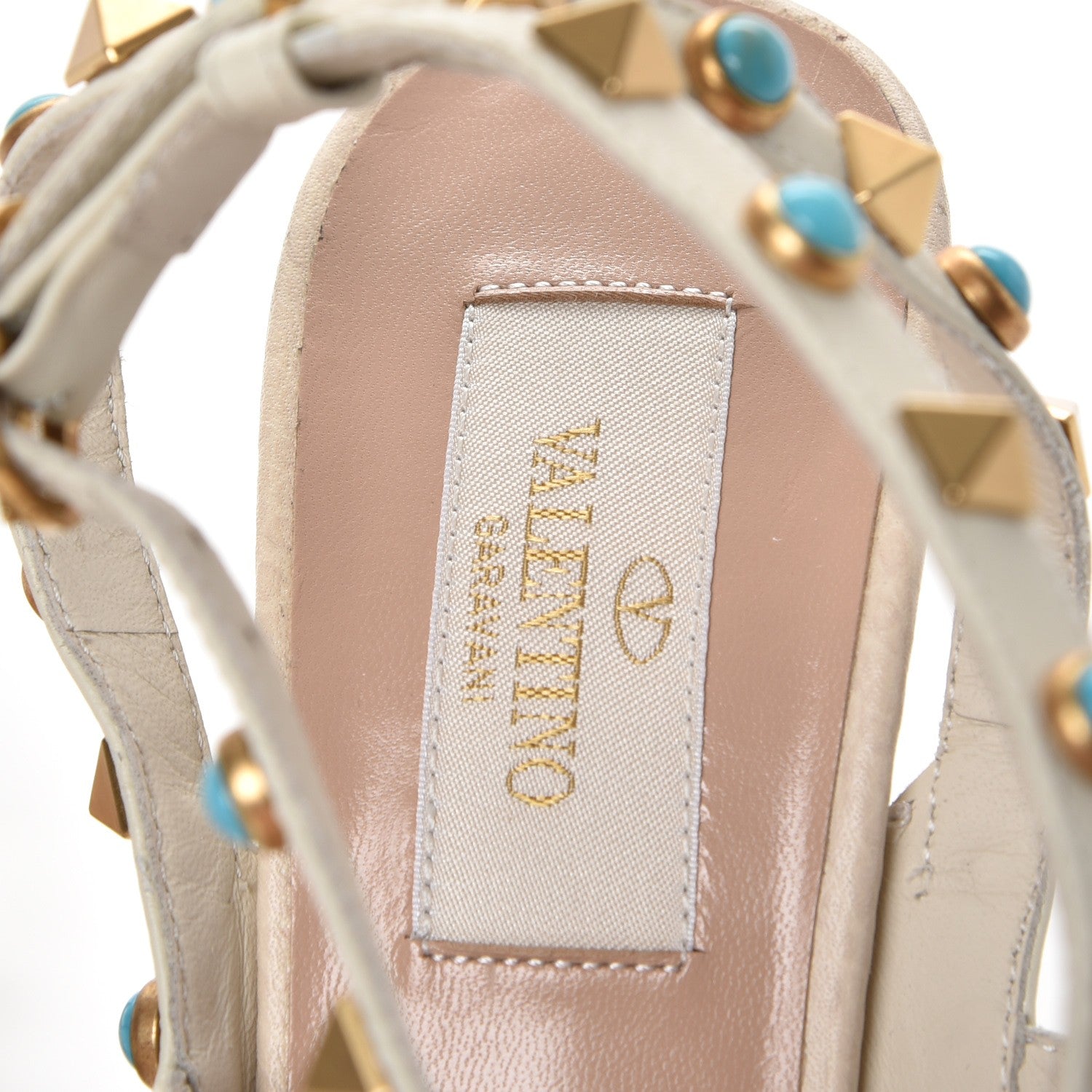 Valentino Garavani Pebbled Calfskin Turquoise Rockstud Rolling Ankle Strap 100mm Pumps 36 Ivory 7 of 11