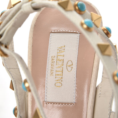 Valentino Garavani Pebbled Calfskin Turquoise Rockstud Rolling Ankle Strap 100mm Pumps 36 Ivory 7 of 11