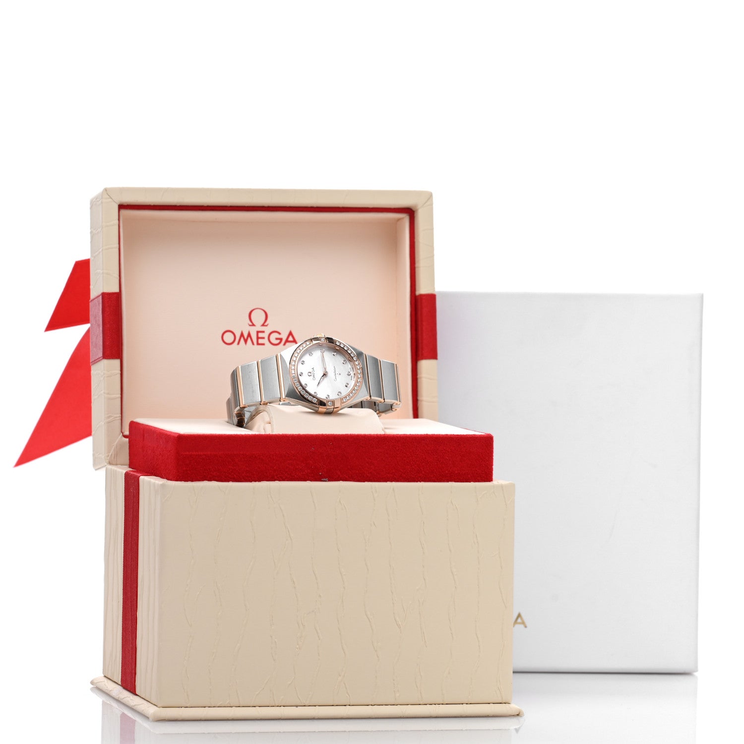 Omega Stainless Steel 18K Sedna Gold Diamond Bezel Mother of Pearl 28mm Constellation Quartz Watch 131.25.28.60.55.001 5 of 5