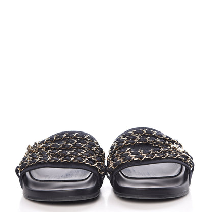 Chanel Satin Canvas Chain Flat Sandals 37 Marine 2 of 16