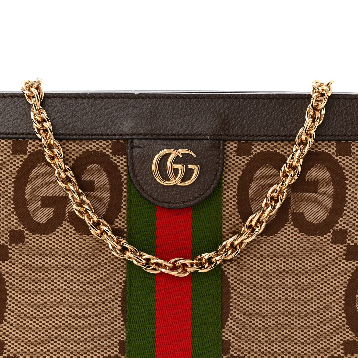 Monogram Jumbo GG Textured Dollar Calfskin Web Small Ophidia Chain Shoulder Bag Camel Ebony New Acero