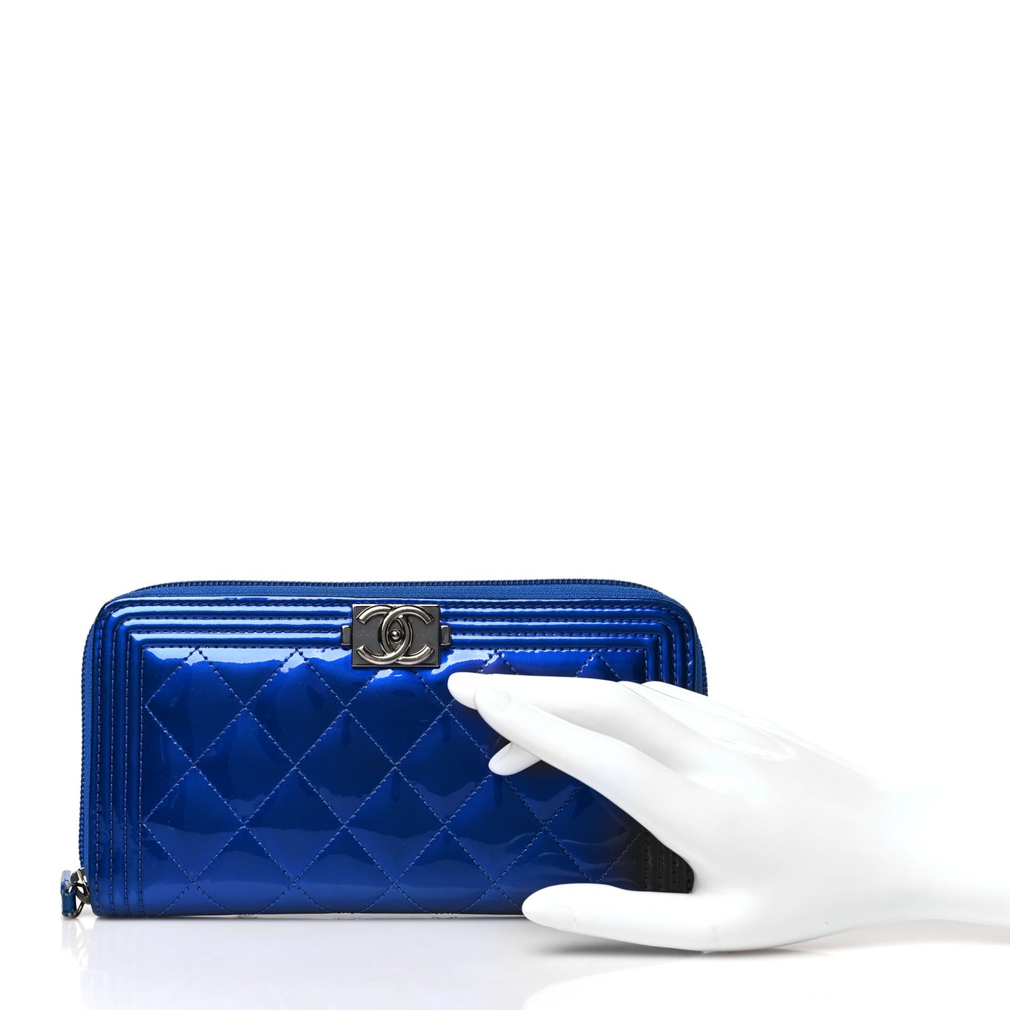 Metallic Patent Calfskin Quilted Boy L-Gusset Zip Wallet Blue