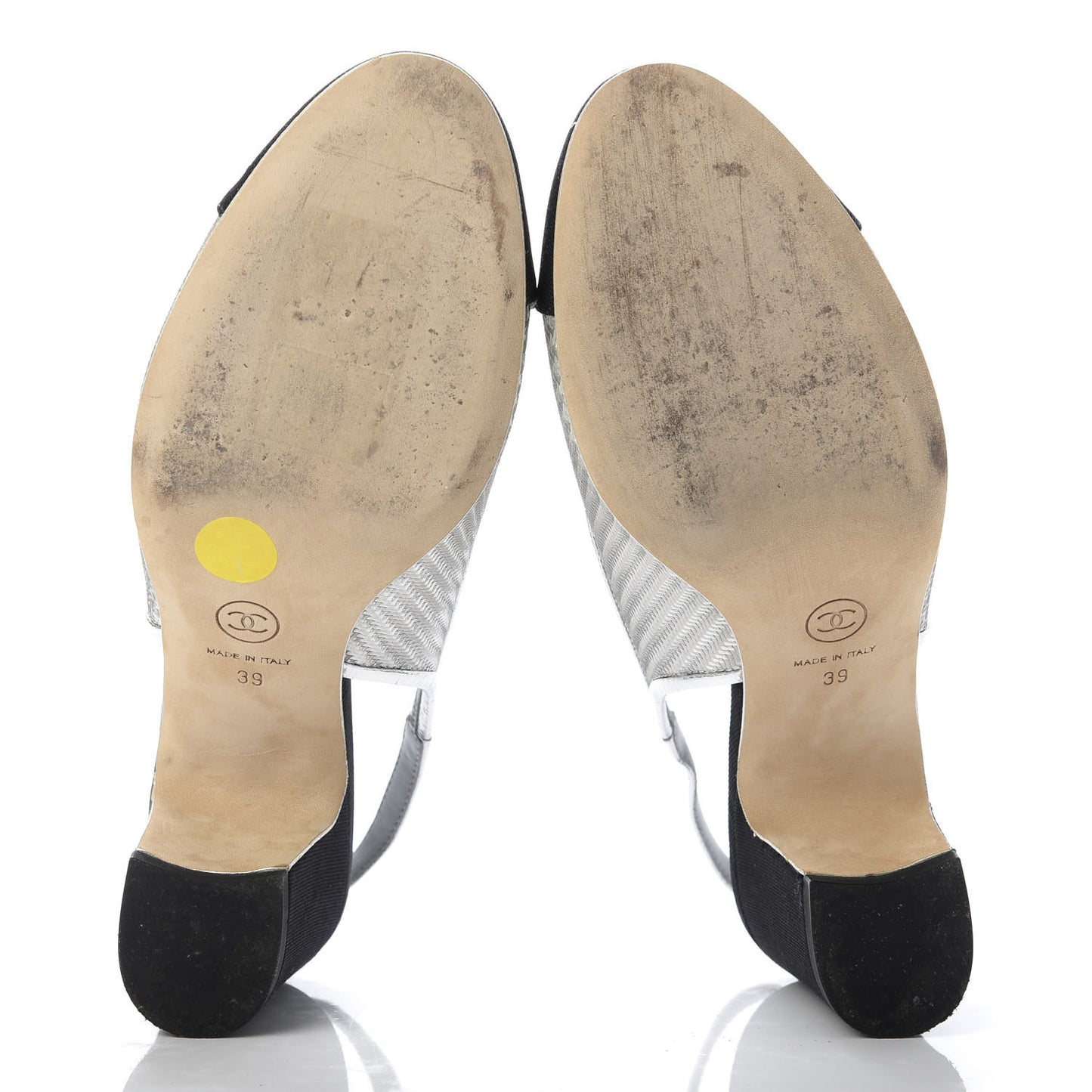 Woven Plastic Grosgrain Cap Toe CC Slingback Pumps 39 Black Silver