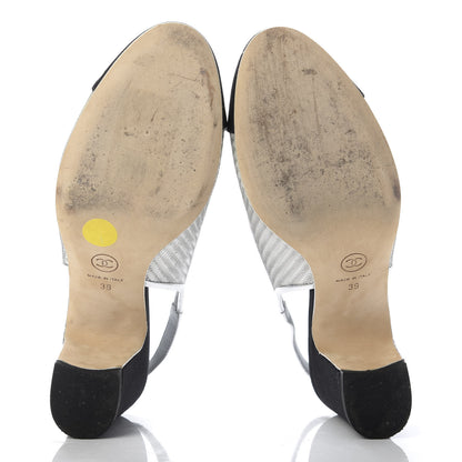 Chanel Woven Plastic Grosgrain Cap Toe CC Slingback Pumps 39 Black Silver 5 of 10