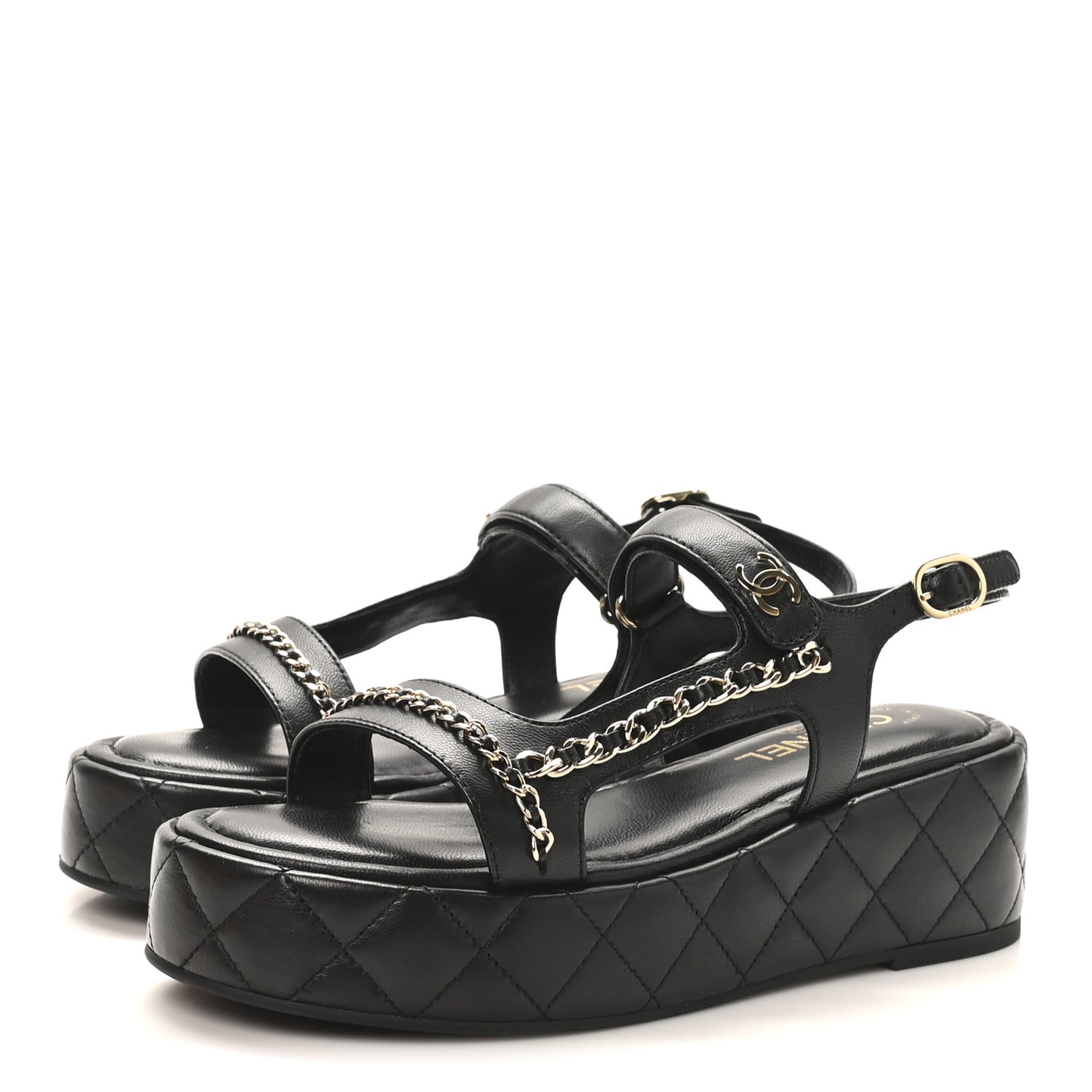 Lambskin Quilted Chain CC Platform Sandals 39.5 Black