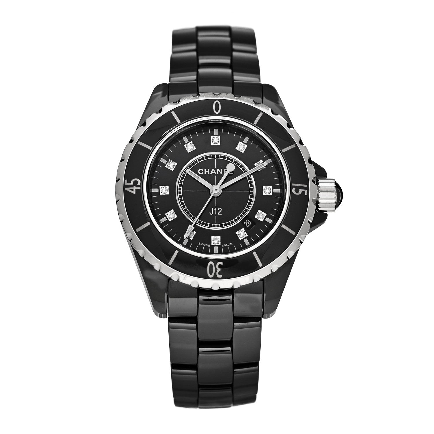 Chanel Stainless Steel Ceramic Diamond 33mm J12 Quartz Watch Black 1 of 4