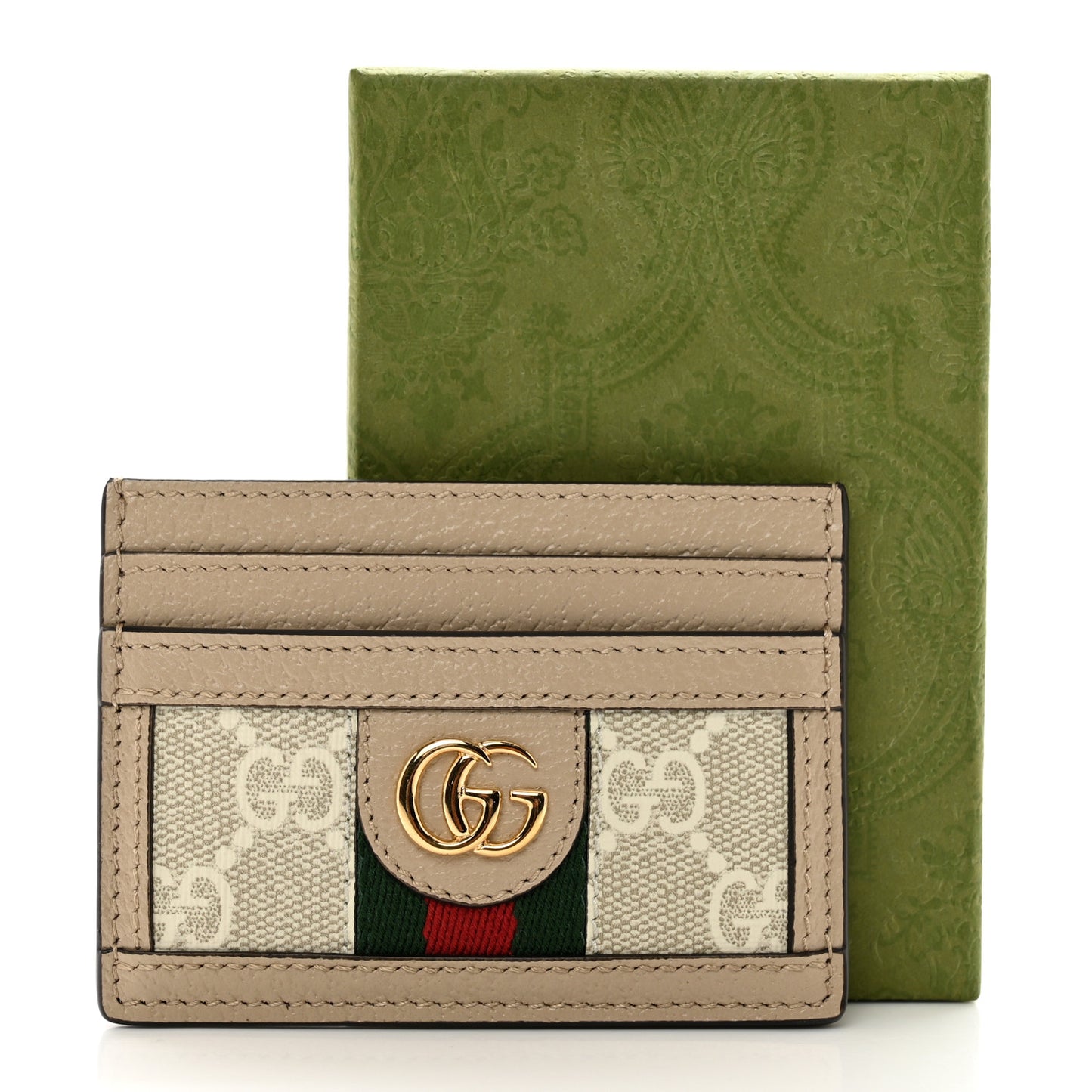 GG Supreme Monogram Textured Dollar Calfskin Web Ophidia Card Holder Beige Mystic White Oatmeal