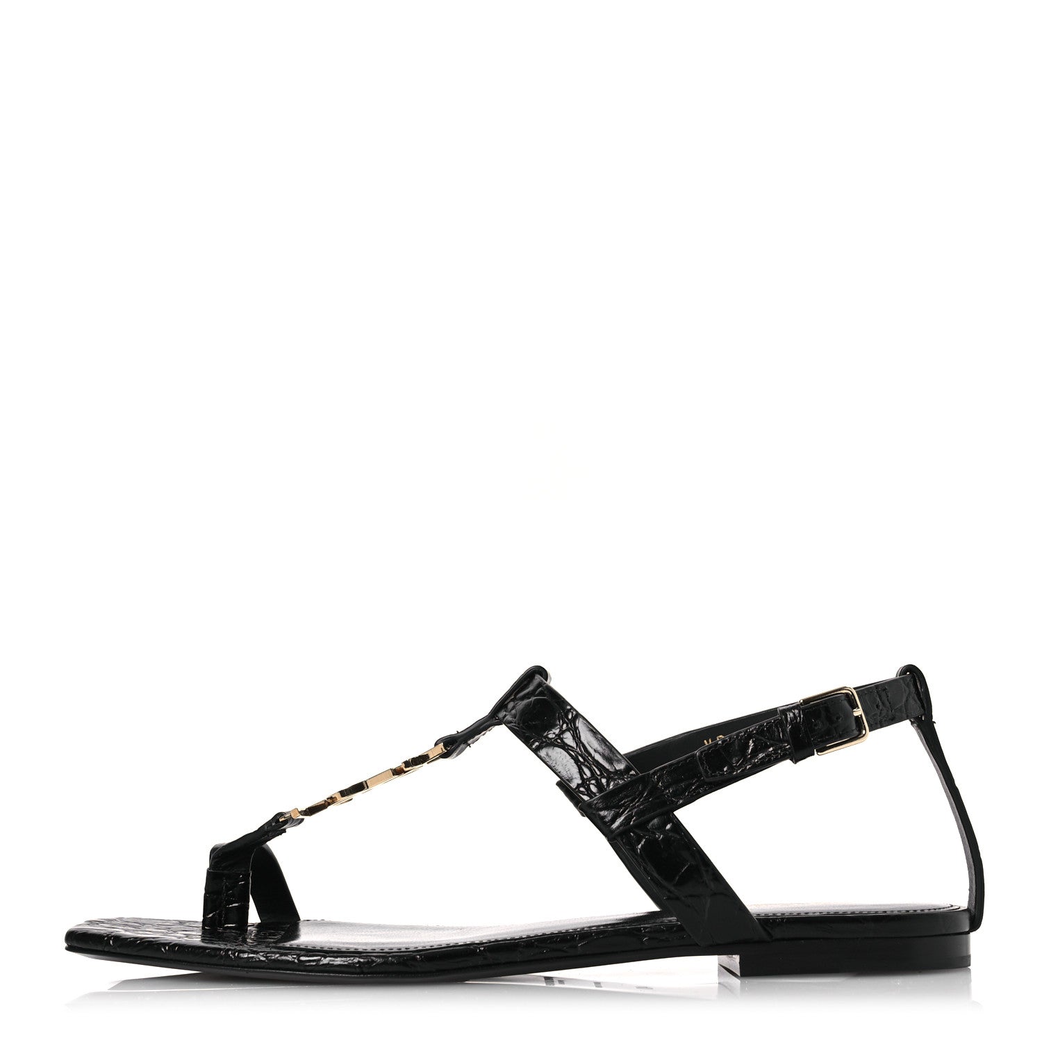 Saint Laurent Calfskin Crocodile Embossed Cassandra Monogram Sandals 40 Black 1 of 12