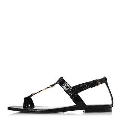 Saint Laurent Calfskin Crocodile Embossed Cassandra Monogram Sandals 40 Black 1 of 12