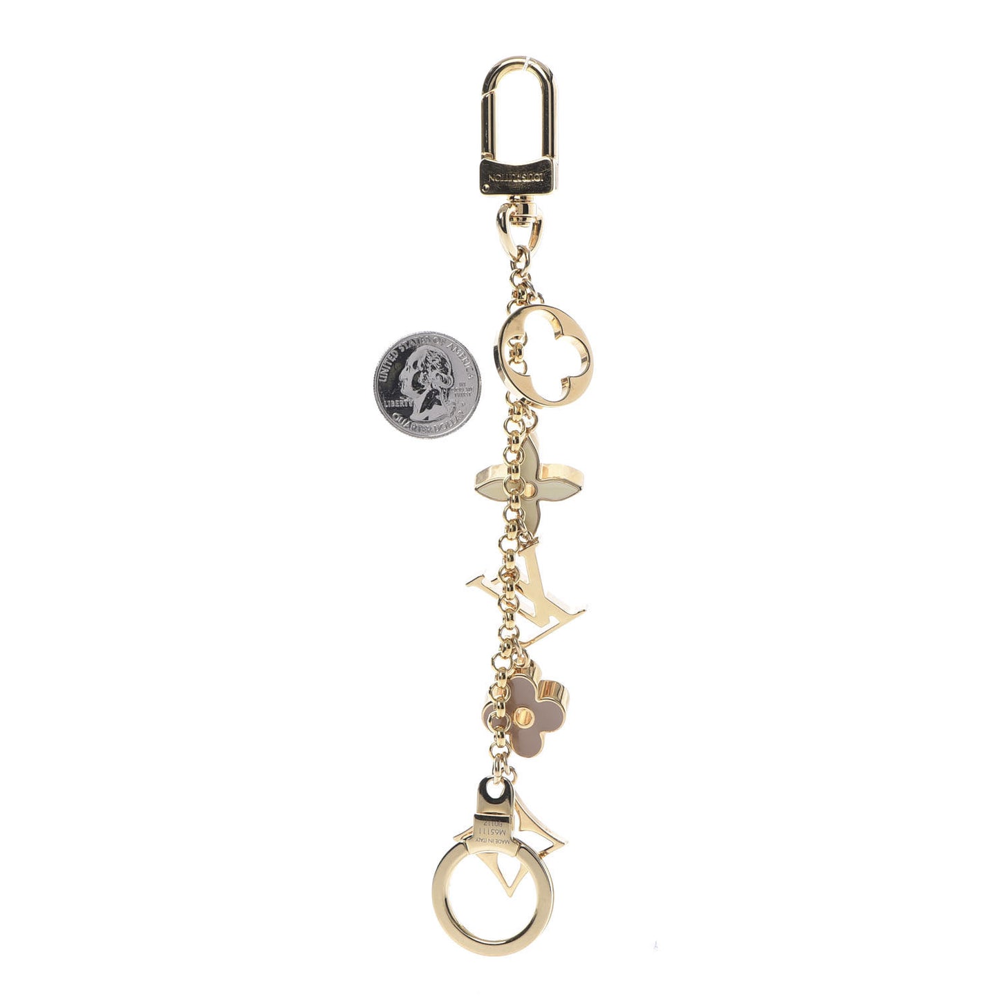 Brass Enamel Fleur De Monogram Bag Charm Chain Gold
