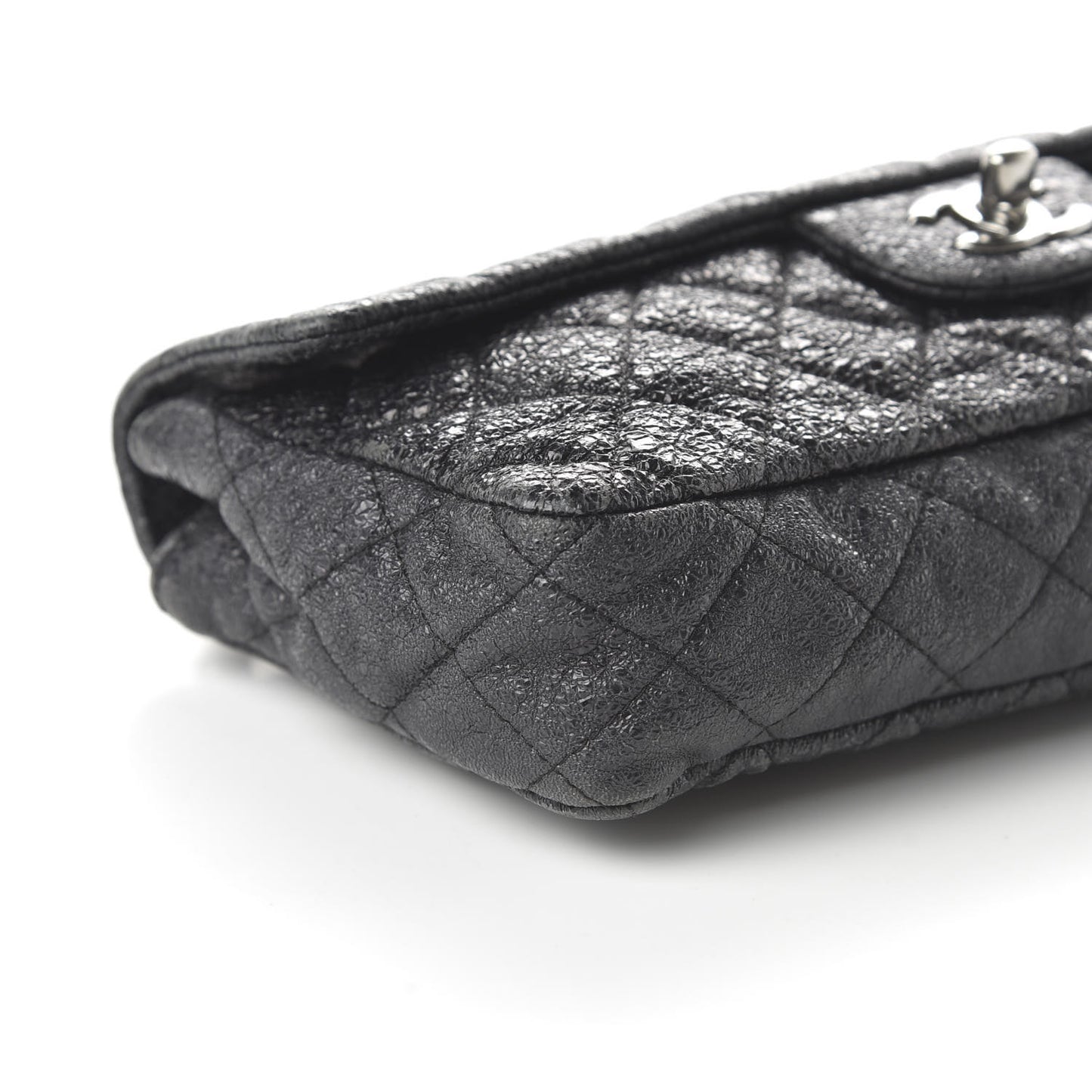 Crackled Calfskin Quilted East West Flap Black