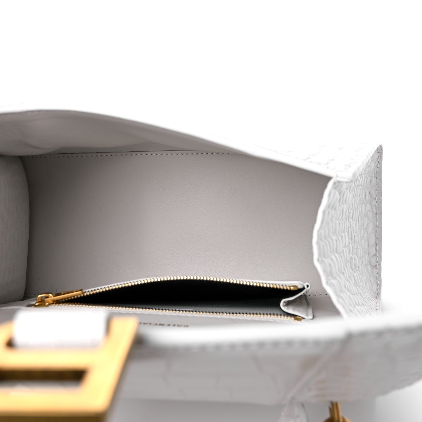 Shiny Calfskin Crocodile Embossed Small Hourglass Top Handle Bag White