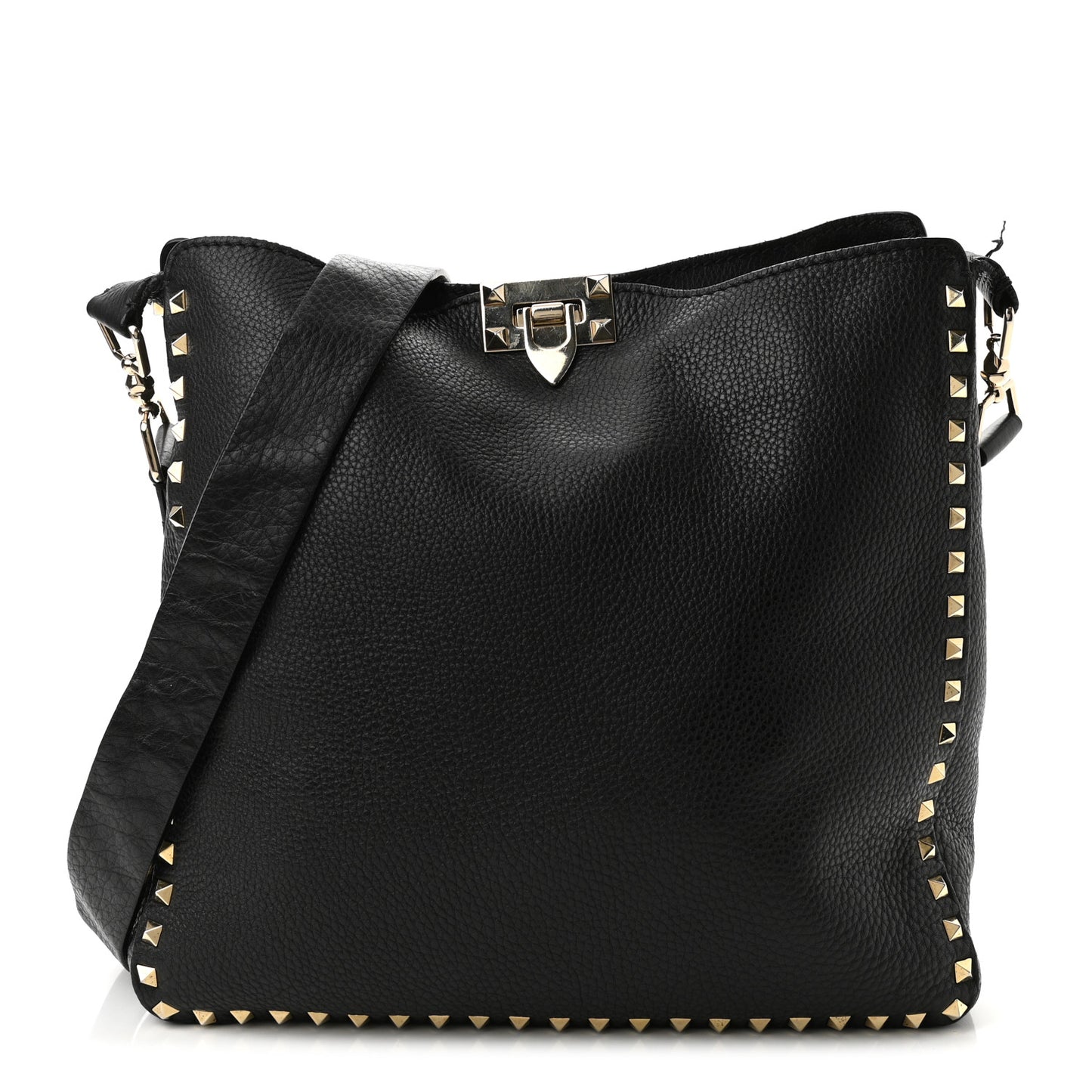 Pebbled Calfskin Large Rockstud Flip-Lock Messenger Bag Black