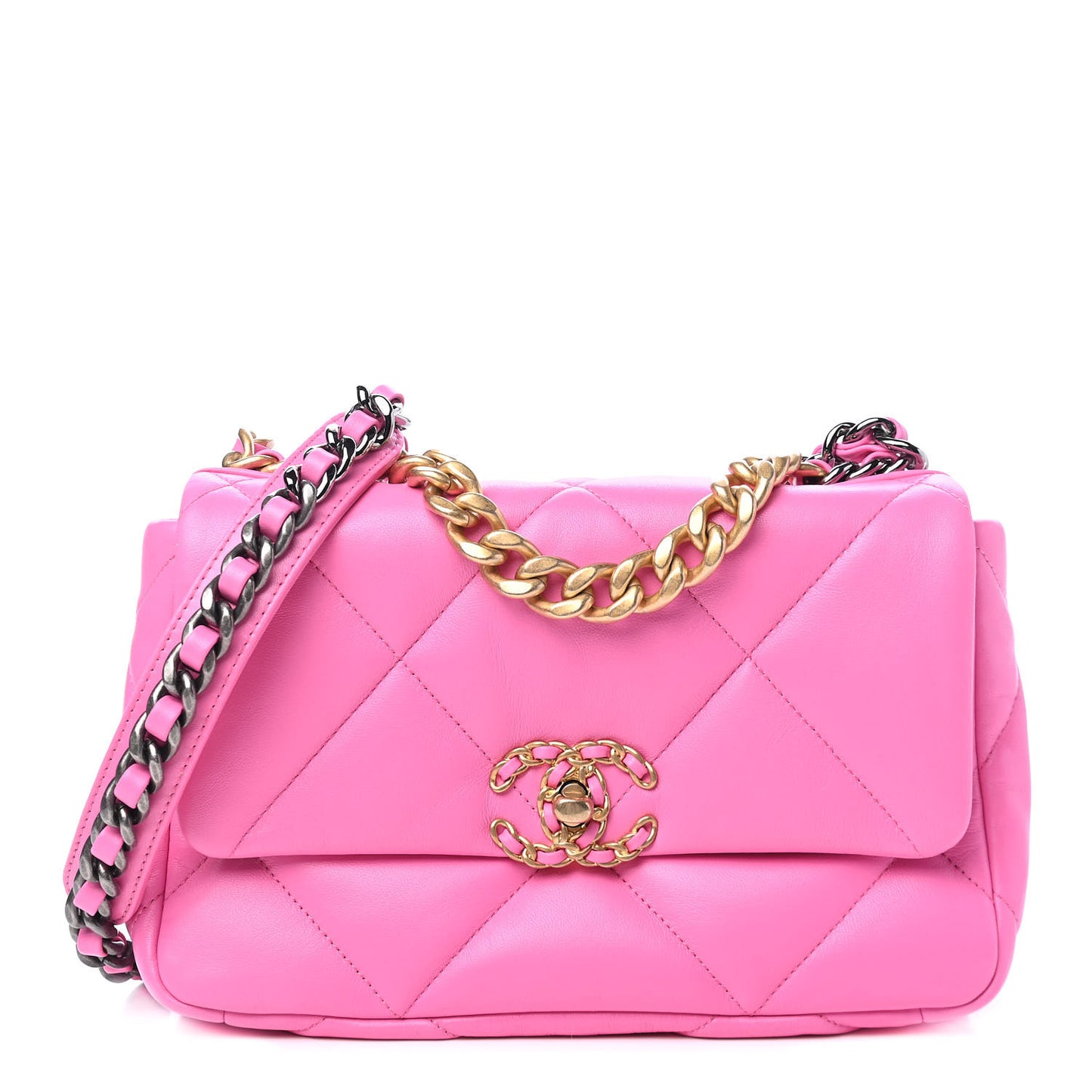 Shiny Lambskin Quilted Medium Chanel 19 Flap Neon Pink