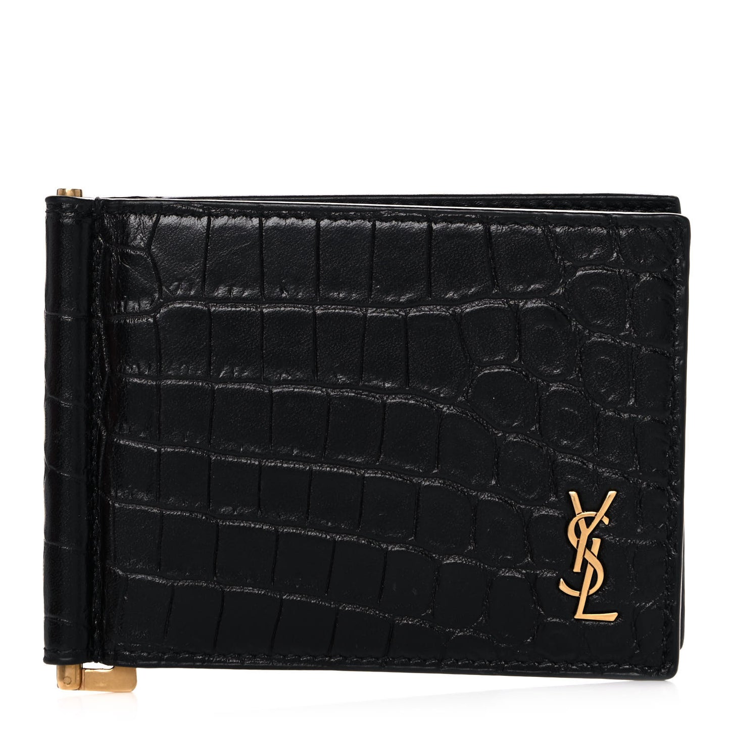 Calfskin Crocodile Embossed Tiny Monogram Bill Clip Wallet Black