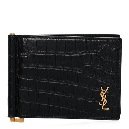 Saint Laurent Calfskin Crocodile Embossed Tiny Monogram Bill Clip Wallet Black 1 of 10