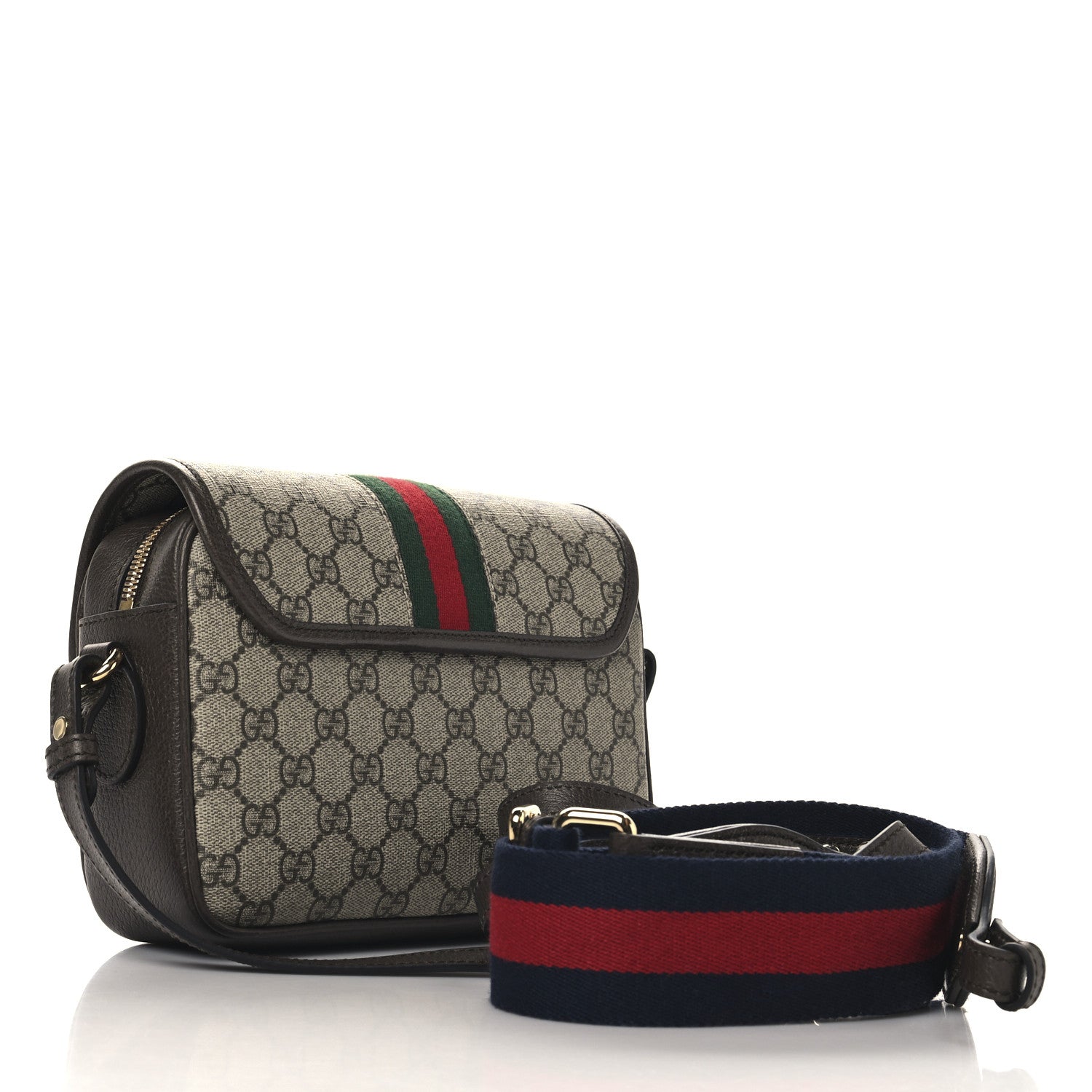 Gucci GG Supreme Monogram Textured Dollar Calfskin Web Studded Mini Ophidia Flap Shoulder Bag Beige Ebony New Acero 3 of 11