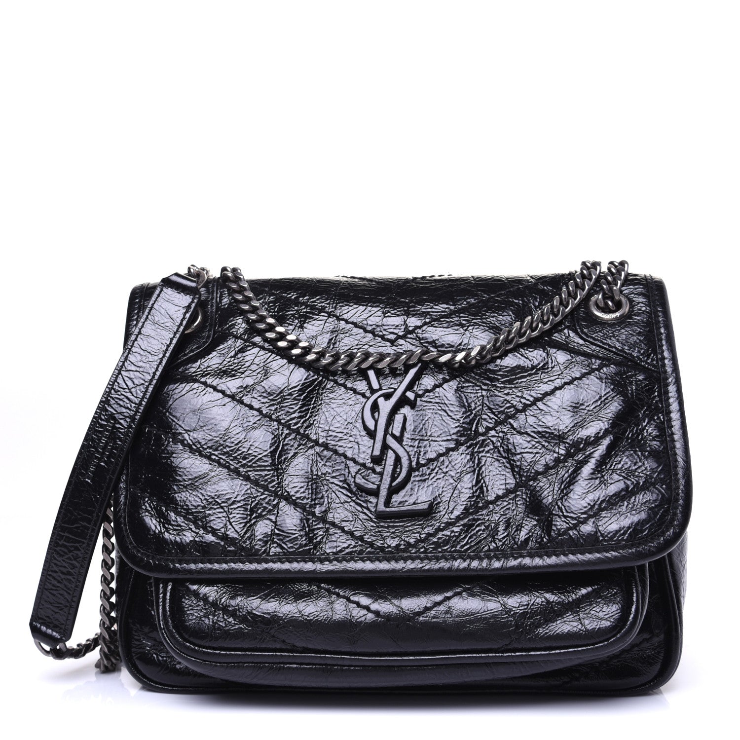 Saint Laurent Crinkled Calfskin Matelasse Monogram Baby Niki Chain Satchel Black 1 of 17