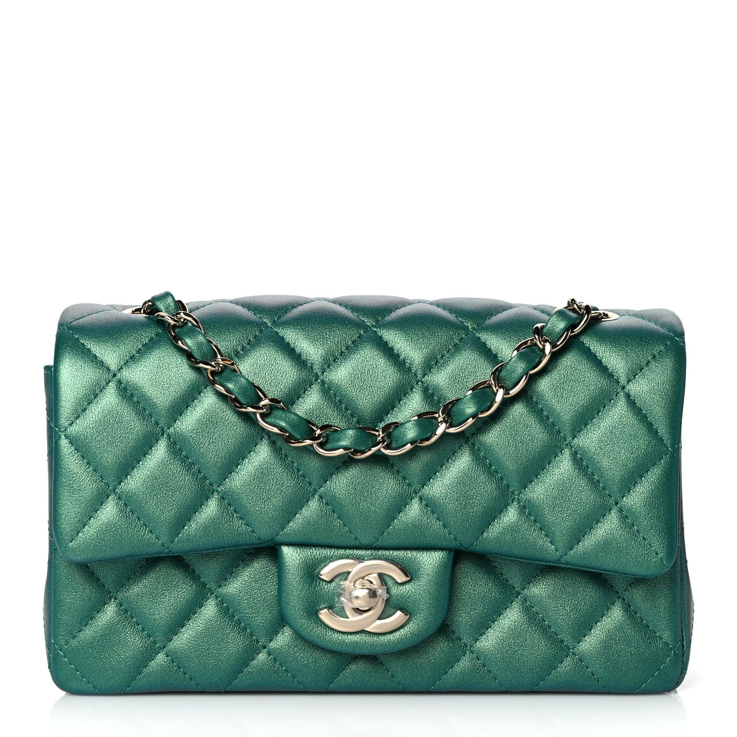 Iridescent Calfskin Quilted Mini Rectangular Flap Green