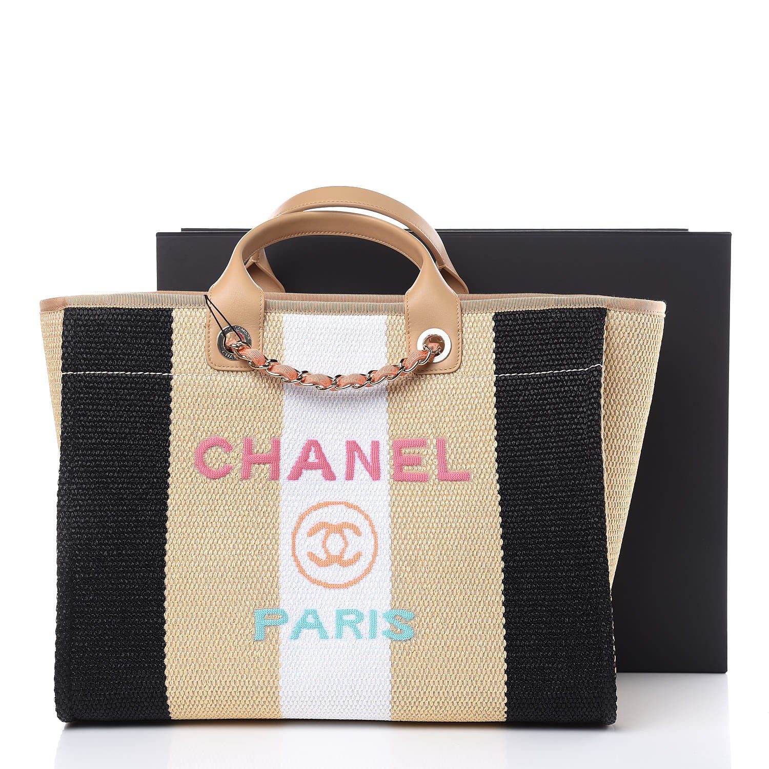 Chanel Straw Raffia Calfskin Striped Large Deauville Tote Black Beige Ivory 10 of 10