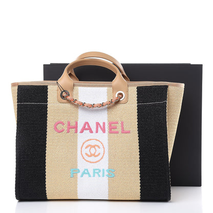 Chanel Straw Raffia Calfskin Striped Large Deauville Tote Black Beige Ivory 10 of 10