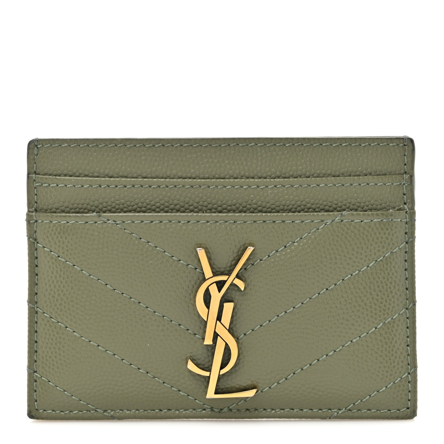 Saint Laurent Grain De Poudre Matelasse Chevron Monogram Credit Card Case Light Sage 1 of 12