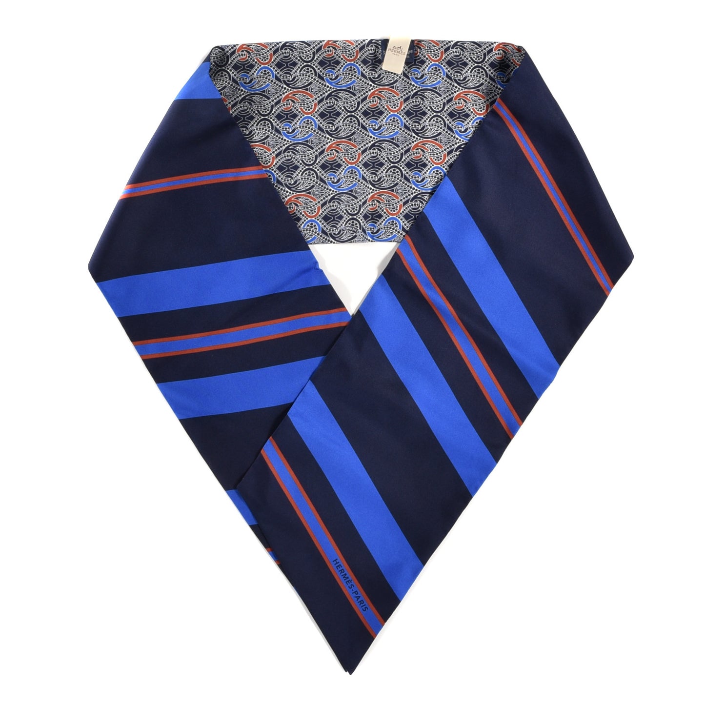 Silk Cachemire Et Rayure Maxi Twilly Cut Bleu Roy Marine Orange