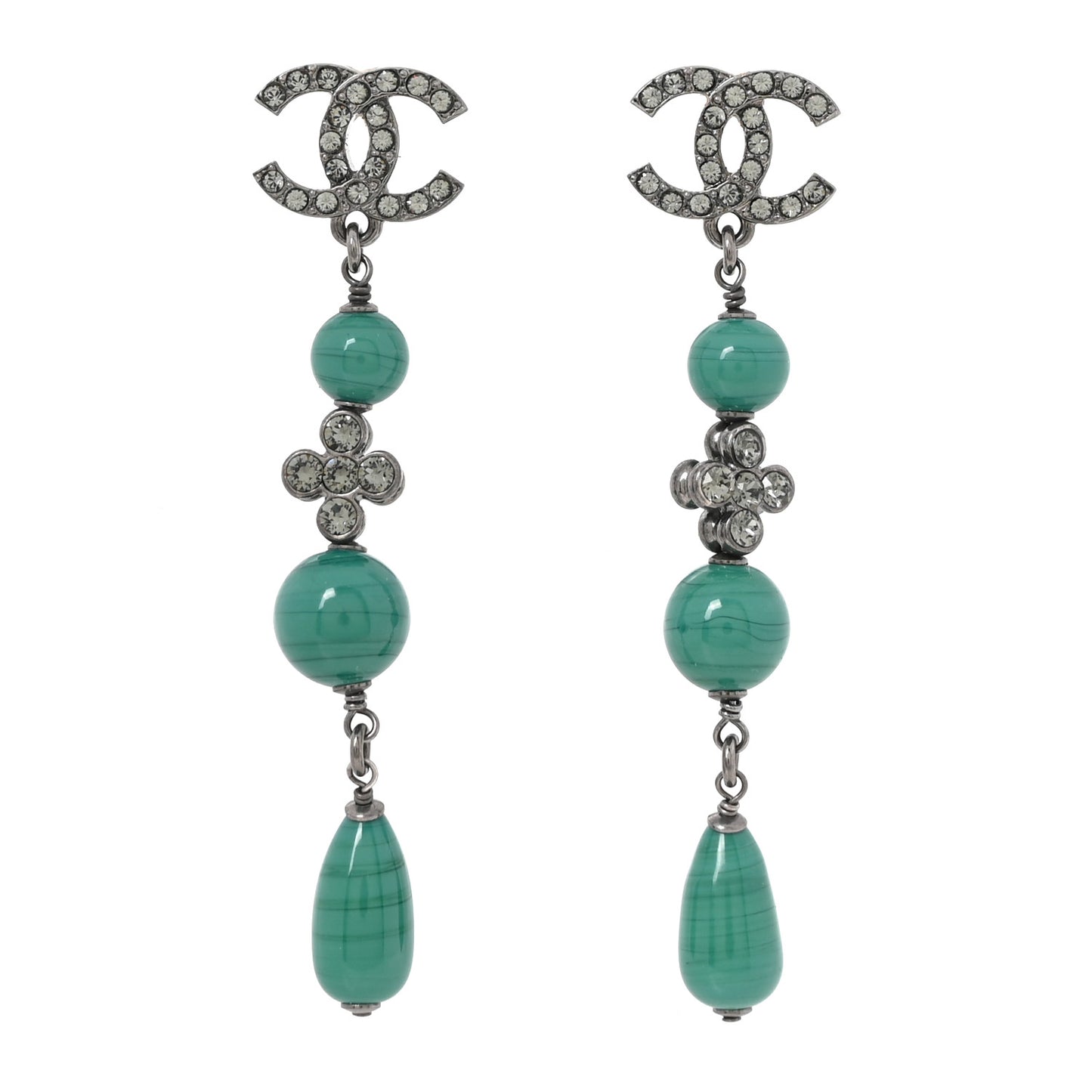 Ruthenium Crystal Bead CC Dangle Earrings Green Grey