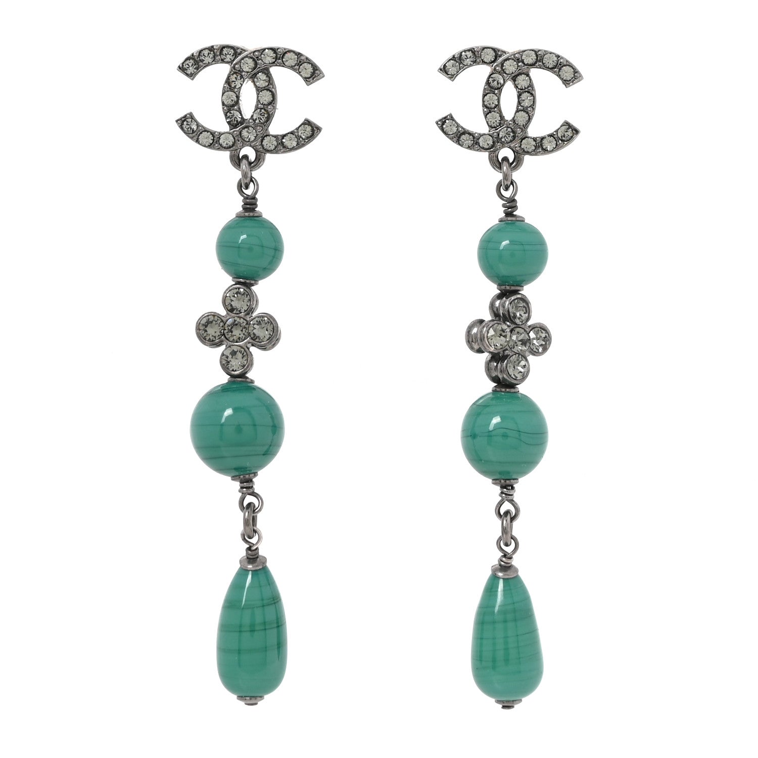 Chanel Ruthenium Crystal Bead CC Dangle Earrings Green Grey 1 of 5