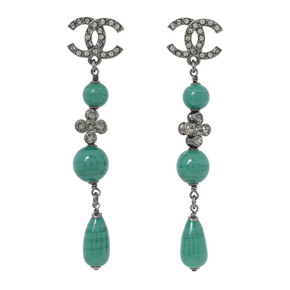 Chanel Ruthenium Crystal Bead CC Dangle Earrings Green Grey 1 of 5