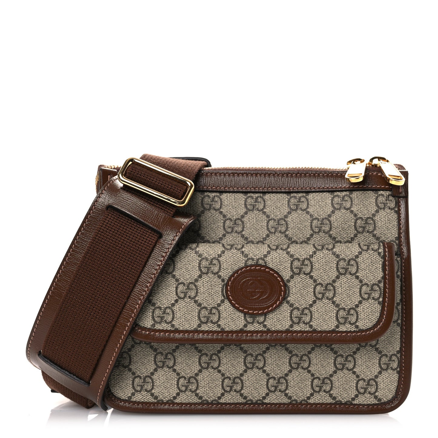 GG Supreme Monogram Azalea Calfskin Retro Interlocking G Wristlet Messenger Bag Beige Ebony Brown Sugar