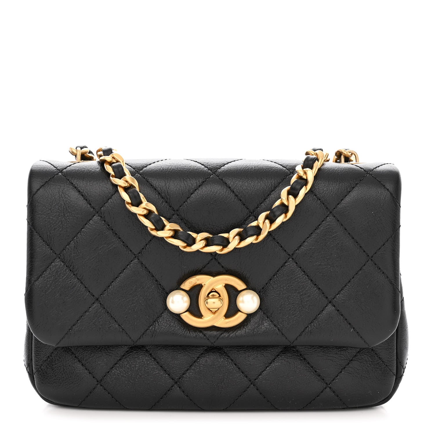 Chanel Glazed Calfskin Quilted Mini Pearl Side Flap Black 1 of 12