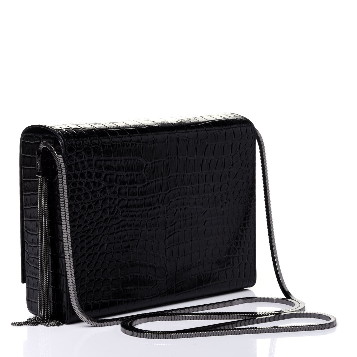 Saint Laurent Calfskin Crocodile Embossed Monogram Small Kate Slide Chain Crossbody Box Bag Black 2 of 4