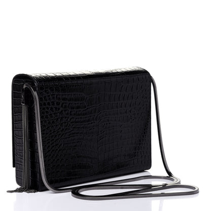 Saint Laurent Calfskin Crocodile Embossed Monogram Small Kate Slide Chain Crossbody Box Bag Black 2 of 4