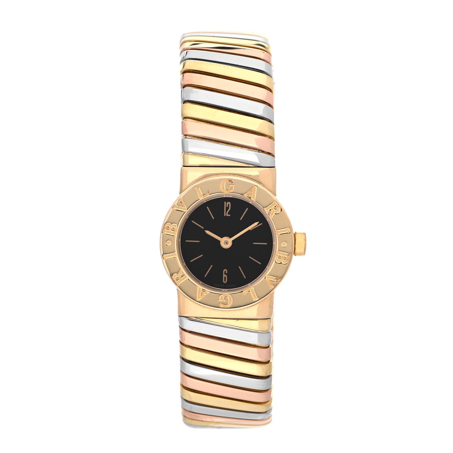18K Rose Yellow White Gold 19mm Tubogas Quartz Watch Black
