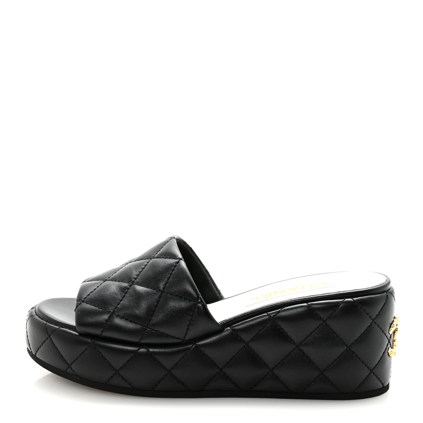 Lambskin Quilted Camelia CC Wedge Sandal Mules 40 Black